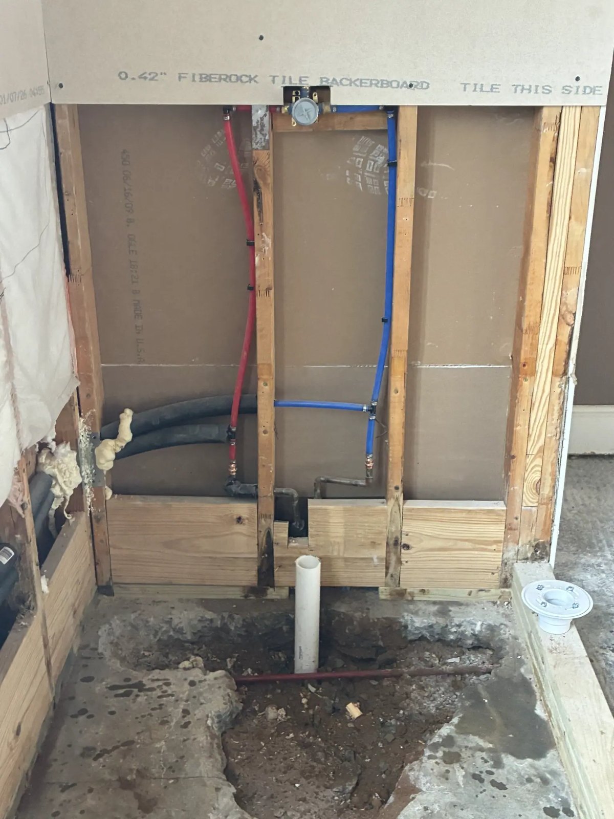 Shower valve with PEX supply lines and new shower drain rough-in