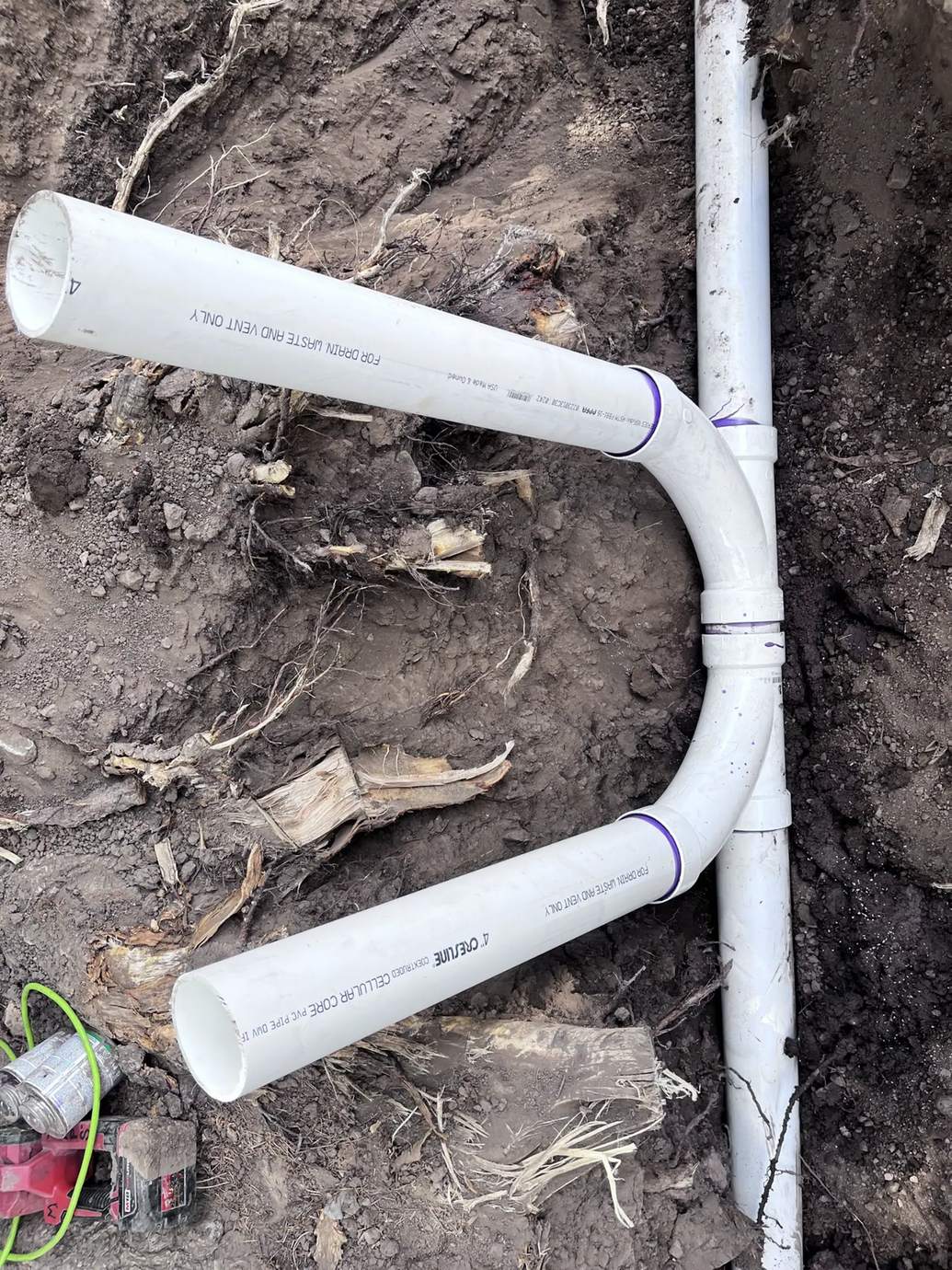 New PVC sewer line and two-way cleanout installed after removing tree roots in Plano, TX