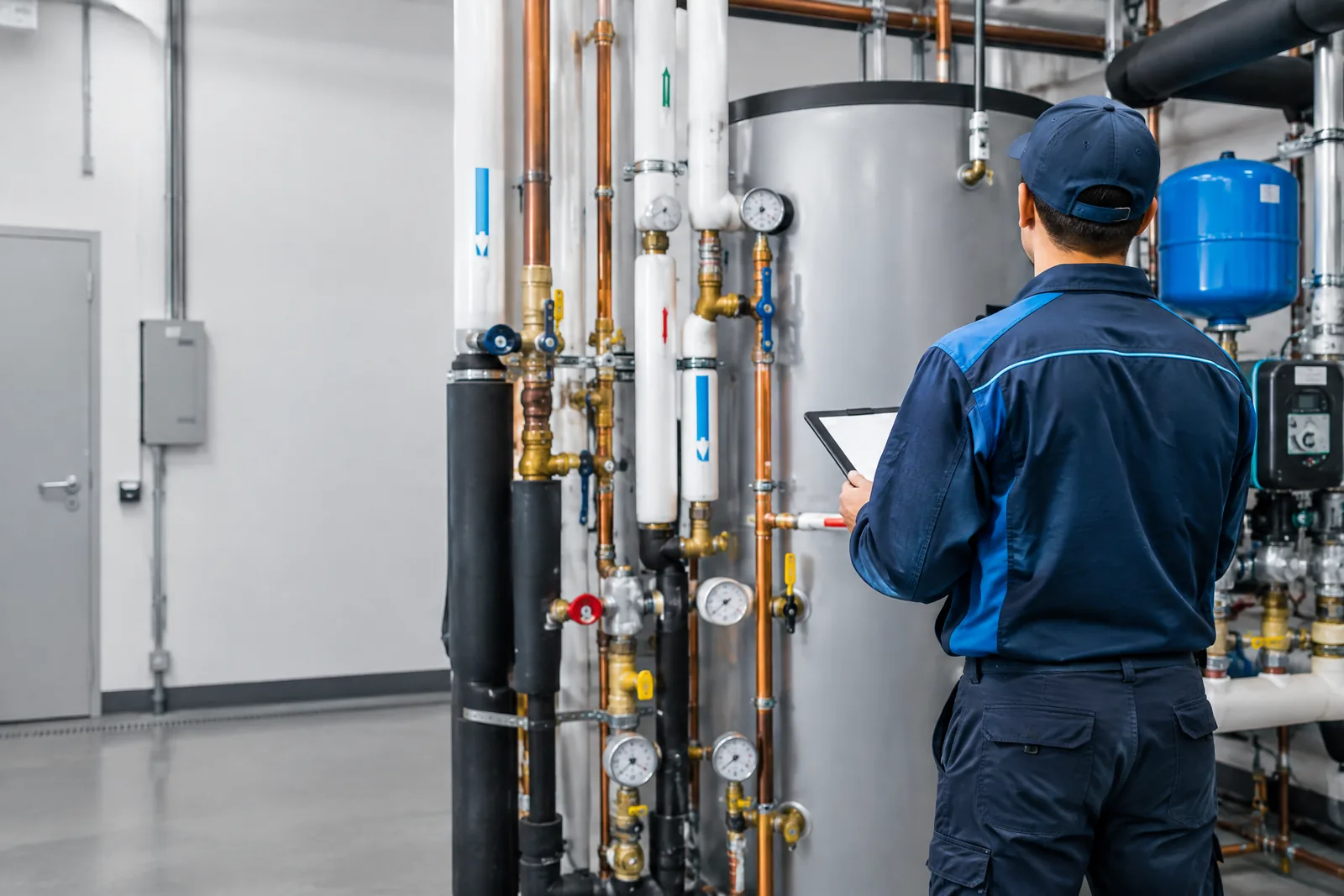 Commercial plumber reviewing water-heating and piping equipment in a mechanical room