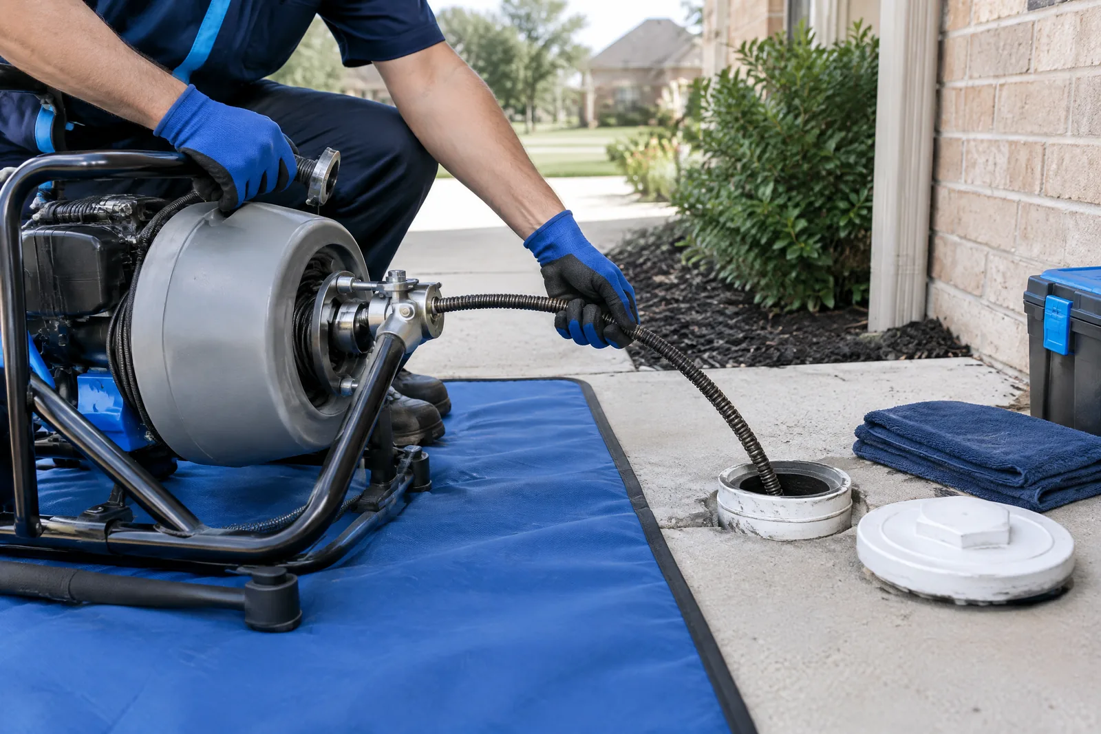 Plumber operating professional drain-cleaning equipment at an exterior cleanout