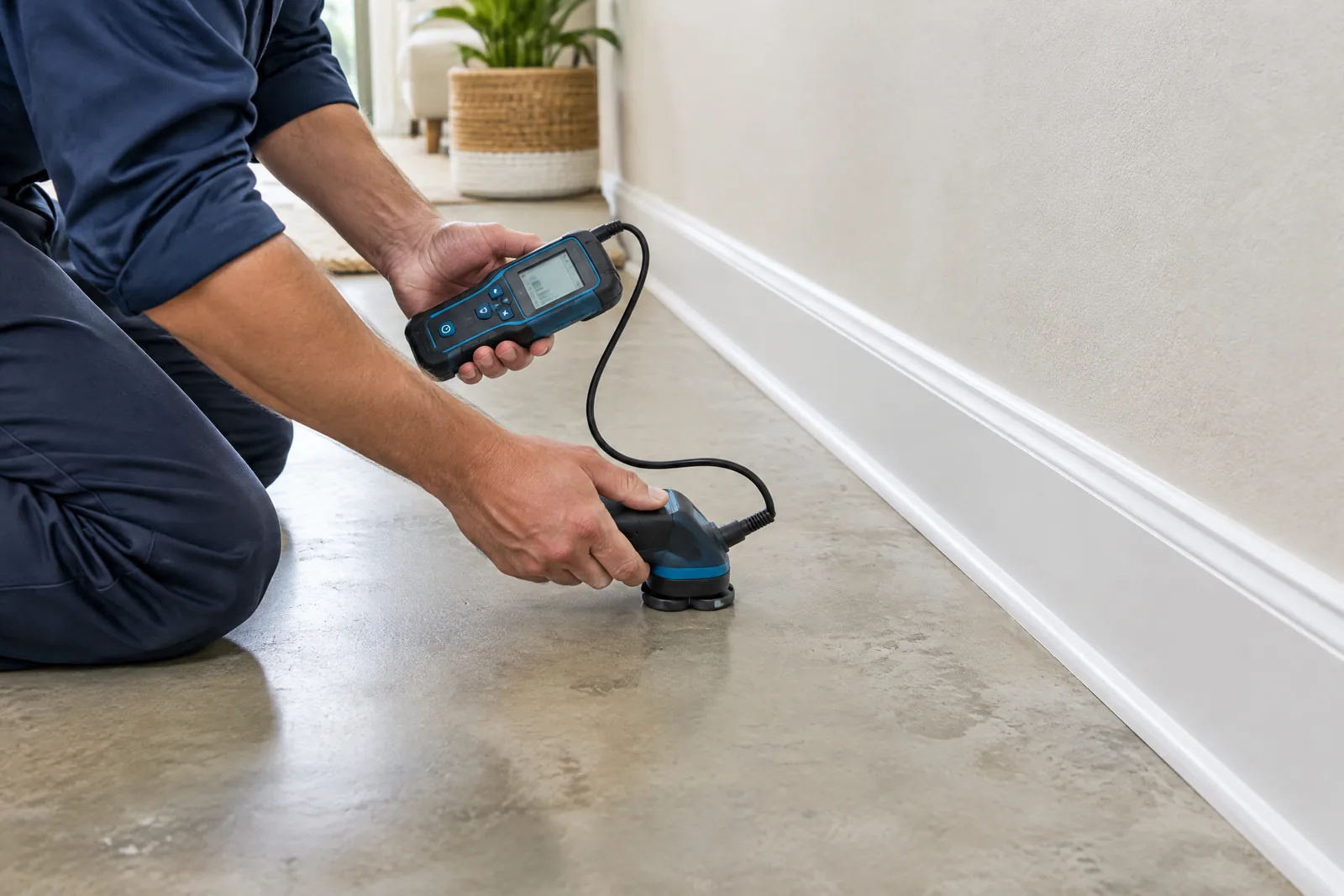 Plumber using electronic equipment to investigate a possible concealed water leak in a home